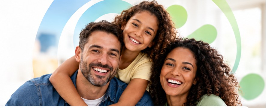 Pai, mãe e filha abraçados e sorrindo