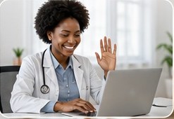 Médica em teleconsulta acenando para o paciente